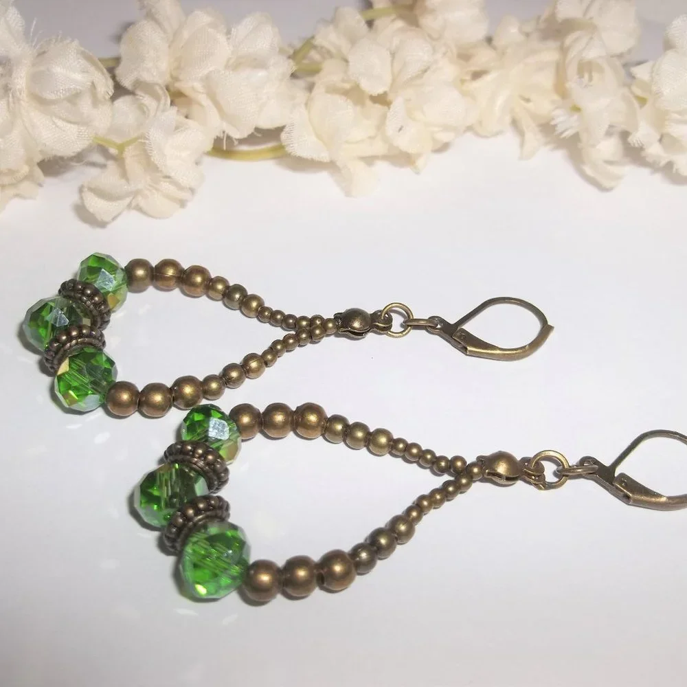 Faux Emerald Green and Bronze Hoop Earrings Boho Style Jewelry Gift Idea 7040 - Picture 4 of 6